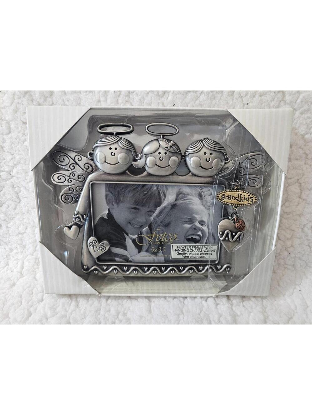 NEW Fetco Pewter Picture Frame Angels Grandkids Hanging Charm 5X3.5 Ornate Fun